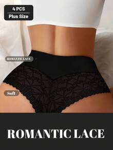 MEIYATING 4pcs/Pack Plus Size Women Lace Trim Mesh Splice Soft Comfortable Sexy Thong Panties - Multicolor - View 4
