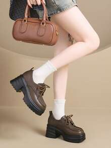 10cm Ultra High Heel Brown Thick Sole British Style Lace-Up Mary Jane Loafers, Height-Increasing Chunky Heel Shoes For Petite Women - Brown - View 3