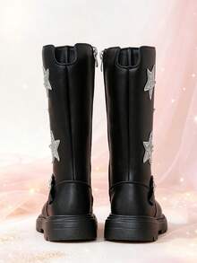 1 Pair Girls' Tall Riding Boots, Silver Star + Floral Rhinestone, Elastic Soft Sole With Inner Zipper Design, Cute Princess Style Long Boots, Suitable For Daily Wear, School, Holiday, Party, Autumn/Winter New Arrival - Black - View 6