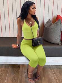 Women's Casual V-Neck Ribbed Knit Tank Top & Fitted Capri Pants Solid Color 2-Piece Set Summer Outfit Elegant - Mint Green - View 2