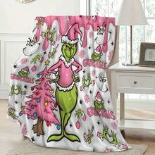 The Grinch Soft & Comfortable 1pc Pink Tree Black Background Modern Flannel Christmas Nap Blanket - Christmas Tree, Deer, Snowflake, Snowman - Polyester Nap Blanket - Digital Print Craft, Suitable For Sofa, Bed, Travel, Office Home Decor - Multicolor - View 5