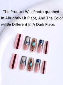 24 Square Press On Nails Featuring Blue Patterns And Black Polka Dots, Accented With Turquoise Stones And Silver Star-Shaped Charms In A Western-Style French Tip Design. These False Nails Are Perfect For Everyday Wear, Dates, And Shopping. - Multicolor - View 3