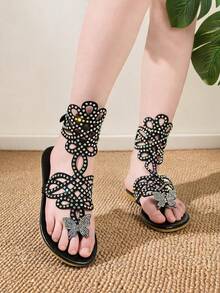 1 Pair Girls' Elegant Rhinestone Hollow-Out Gladiator Thong Sandals, Adjustable Ankle Strap Outdoor Walking Shoes - Black - View 3