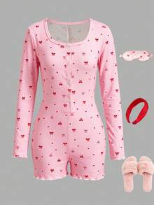 Girl Cute Bow Print Ribbed Pajama, Square Neck Long Sleeve Button Front Romper Sleepwear, Soft Stretchy Loungewear For Home Nightwear Teenager - Pink - View 2