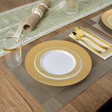 10pcs White Plastic Dinner Plate Set, Gold Rim Decoration, Washable And Reusable. Plate Size In Inches, Made Of Premium Heavy-Duty Material, Elegant Gold Rim Design, Suitable For Large Catering Events, Weddings, Birthday Parties, Graduation Balls, Dinner Parties, Gatherings And Christmas Occasions - Gold - View 2