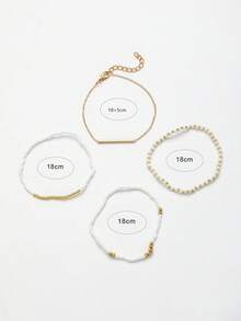 4pcs Bohemian Style Elastic Beaded Bracelets CCB Rice Beads Single Strand Bracelet Minimalist Fashion Personalized Beach Style Hand Jewelry For Women (Mixed Rice Beads, Non-Positioned) - Gold - View 6
