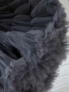 1pc Girls Cute Glamorous Dreamy Sweet Princess Contrast Color Heavy Work Layered Ruffled Tulle Cake Tutu Skirt, Birthday Gift, Christmas, Thanksgiving, New Year Party, Banquet, All Seasons Wear - Dark Grey - View 10