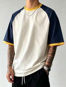 Men's Retro Colorblock T-Shirt, Breathable Knit Fabric, Regular Crew Neck Design, Suitable For Daily Wear - Apricot - View 2