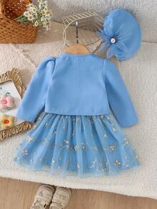 2pcs Baby Girl Cute Mori Style 3D Flower Short Jacket & Dress Set With Beret Hat, Elegant Princess Style - Blue - View 3