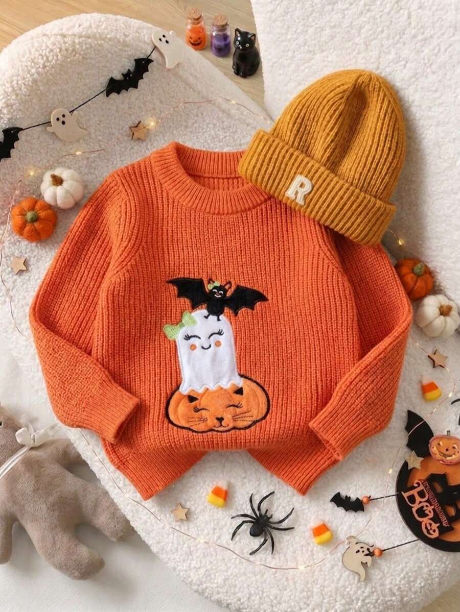 Boys Cute Embroidered Halloween Pattern Sweater Crew Neck Long Sleeve Knit Pullover Suitable For Casual Daily Wear Spring Autumn Winter - Orange - View 1