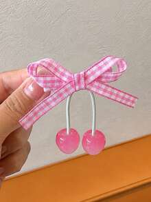 1pc Girls Cute Cherry Bow Plaid Hair Clip, Versatile Daily Hair Accessory - Multicolor - View 4