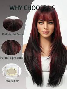 Black Long Straight Synthetic Wig With Red Highlights, Full Bangs, Heat-Resistant Full Head Wig, Adjustable Breathable Mesh Cap, Suitable For Women's Daily Wear, Date Night, Photography, Halloween, Christmas Party And Holiday Gatherings - Red Ombre - View 4