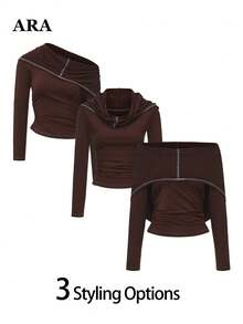 ARA CHIC 3-Way Wear Long Sleeve Top, Women's Contrast Stitching Ruched Fitted Cropped T-Shirt, Multi-Wear Off-Shoulder Ruffled Collar Y2K Top, Casual Street Date Top - Brown - View 6