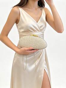 Women's Oval Hard Shell Evening Clutch, Full Rhinestone Polka Dot Pattern, Sparkling Rhinestone Embellished Fabric, Luxury Elegant Style, Suitable For Weddings, Balls And Cocktail Parties - Gold - View 3