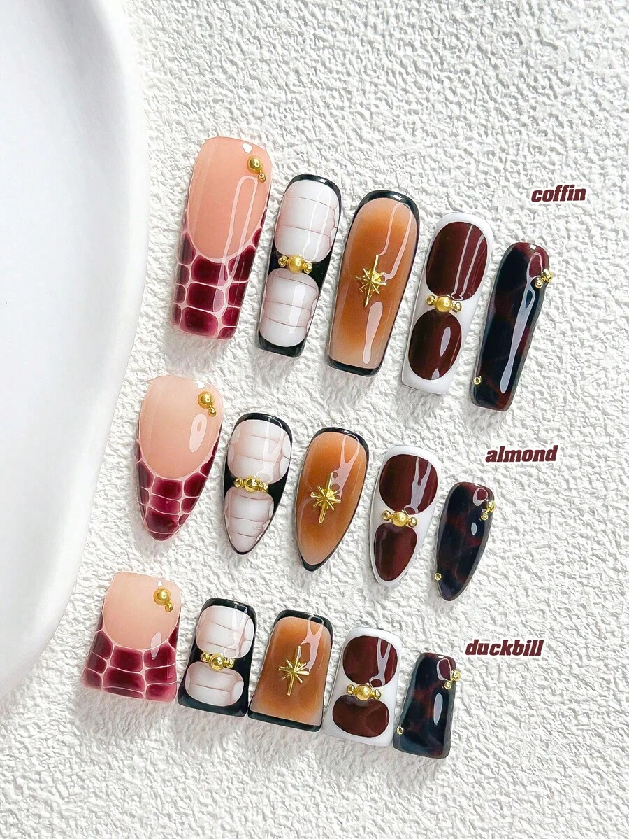 10件組 Y2K 千禧風手工穿戴甲,Polygel 凝膠美甲套組,星爆設計,鋼珠裝飾,洋紅色與白色指甲油,甜酷風,附美甲工具,3種尺寸可選,杏仁/鴨嘴/棺材形,適合派對、跳舞、日常配戴 - 彩色 - 查看 1