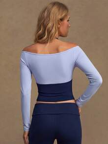 VVX Women 2 In 1 Color Block Halter Neck Yoga Crop Tops Sexy Backless Workout Sports Gym Outdoor Top Casual Contrast Color Soft - Blue - View 3