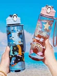 1pc Cute Cartoon Water Bottle, 800ml/27oz Sports Water Bottle, Leak-Proof, With Pop-Up Lid, Handle, Suitable For Fitness, Running, Gift For Her, Birthday Gift, Portable And Fashionable Mother's Day Gift, Do Not Use Hot Water Above 60°C - Multicolor - View 3