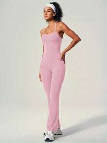 UONNOU Peach Butt-Lifting Flare Leg Jumpsuit, Square Neck Square Neck Backless Yoga Jumpsuit - Baby Pink - View 11