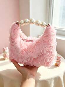 Sweet Floral Lace Hobo Bag, Faux Pearl Beaded Handle Mini Clutch, Cute Sweet Evening Party Handbag - Multicolor - View 7