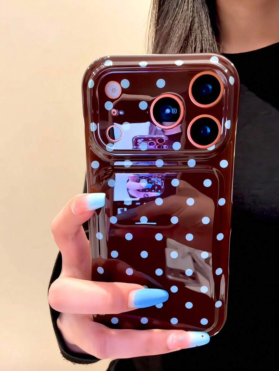 Brown Background Contrast Blue Polka Dot Korean Style Ins 15 Compatible With 17 Pro Apple 17 Pro Max Phone Case 14 Full Coverage 17 New 16 Pro Max Protective Cover 13 Soft Silicone - Brown - View 1