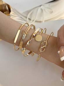 5pcs Gold European & American Vintage Minimalist Fashion Mixed High-End Open Stackable Multi-Layer Jewelry Bracelets Bangles Suitable For Women Daily Holiday Commute Wear - Gold - View 2