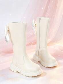 1 Pair Black High-Top Princess Boots With Bow + Rhinestone Butterfly Decor, Elastic Soft Sole Inner Zipper Design, Luxury Girly Style Long Riding Boots, Suitable For Daily Wear, School, Festivals, Parties, Autumn/Winter New Arrival - Apricot - View 1