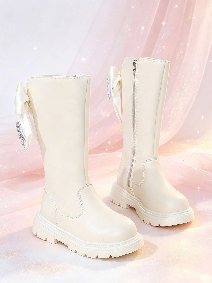 1 Pair Black High-Top Princess Boots With Bow + Rhinestone Butterfly Decor, Elastic Soft Sole Inner Zipper Design, Luxury Girly Style Long Riding Boots, Suitable For Daily Wear, School, Festivals, Parties, Autumn/Winter New Arrival - Apricot - View 1