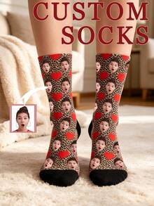 Custom Face Crew Socks, Personalized Photo Socks With Heart & Leopard Print, Novelty Customized Gift Socks For Holiday Birthday Party - Multicolor - View 20