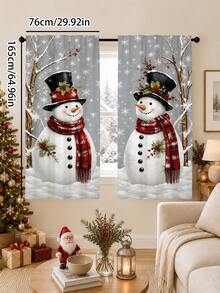 2Pcs Christmas Holiday Curtains, Winter Snowman Tree Snowflake Pattern Curtains, Semi-Sheer Rod Pocket Holiday Window Decor, Suitable For Living Room And Bedroom, Rod Not Included - Multicolor - View 11