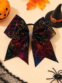 1pc Halloween Gradient-Colored Spider Web Print Bow Hair Tie,Rhinestones Decor,Elegant Fashion Exquisite Hair Tie,Halloween Party Hair Accessory,Kids - Multicolor - View 2