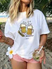 Everyday Pure Cotton Short Sleeve Top, Oktoberfest Clinking Foamy Beer Cups Wheat Graphic, Summer Festival Comfort T-Shirt - White - View 1