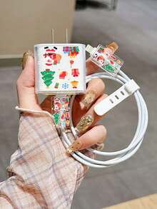 Santa Claus Christmas Tree Christmas Element Full Print Pattern, Compatible With Iphone 18W/20W Transparent Charger Protective Case, Compatible With Iphone 13/14/15 Charger Protective Case, 20W Charger Protective Case Set, Charging Cable Head Protective Case, Gift, Transparent Protective Case, Charger Protective Shell - Multicolor - View 3