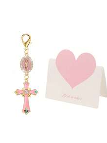 Vintage-Style Rhinestone And Enamel Cross Amulet Keychain Featuring A Virgin Mary Pendant; Suitable As A Bag Charm, Car Key Accessory, Or Holiday Gift - Multicolor - View 15
