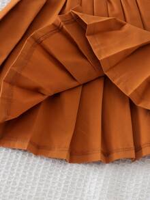 2pcs Young Girls Vintage Campus Style Color Block Lapel Letter Print Long Sleeve Sweatshirt & Versatile Pleated Skirt Spring Autumn Set - Burnt Orange - View 8