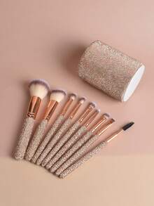 10pcs Multi-Function Rhinestone Makeup Brush Set - Includes 9 Luxury Charming Rhinestone Handle Brushes And 1 Fully Rhinestone Storage Tube - Desktop Storage Tube, Makeup Brush Storage Tube, Practical Makeup Brush Set - Suitable For All Skin Types - Multicolor - View 14