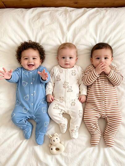 Autumn And Winter Boys Baby Cute Style Blue And White Bear Full Print+Stripe Print Package Leg Jumpsuit 3 PiecesSet, Soft Fabric, Baby Home Clothing