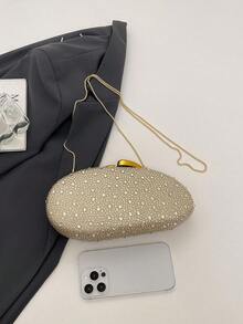 Women's Oval Hard Shell Evening Clutch, Full Rhinestone Polka Dot Pattern, Sparkling Rhinestone Embellished Fabric, Luxury Elegant Style, Suitable For Weddings, Balls And Cocktail Parties - Gold - View 5