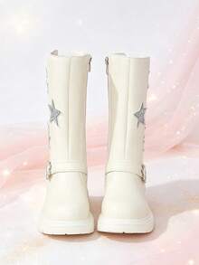 1 Pair Girls' Tall Riding Boots, Silver Star + Flower Rhinestone Decor, Elastic Soft Sole With Inner Zipper Design, Cute Princess Style Long Boots, Suitable For Daily Wear, School, Holidays, Parties, Autumn/Winter New - Apricot - View 7