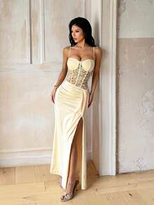Women's Lace Patchwork Split Design Elegant Waist-Cinching Party Dress - Yellow - View 4