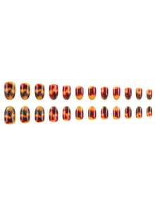 24pcs Short Oval False Nails, Amber Maple Leaf Gold Foil Vibe Wearable Nails, Full Coverage Removable Nail Set, Perfect For Ladies' Parties, Proms, And Everyday Wear - Multicolor - View 5