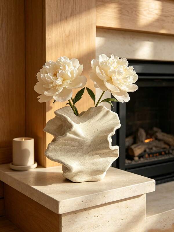 1Pc Medium Size Speckled Ceramic Vase, Art‑Decor Style Off‑White Irregular Ruffled Wavy Rim Detail Decorative Flower Container For Dried & Artificial Flowers, Desktop Living Room Fireplace Side Home Decoration