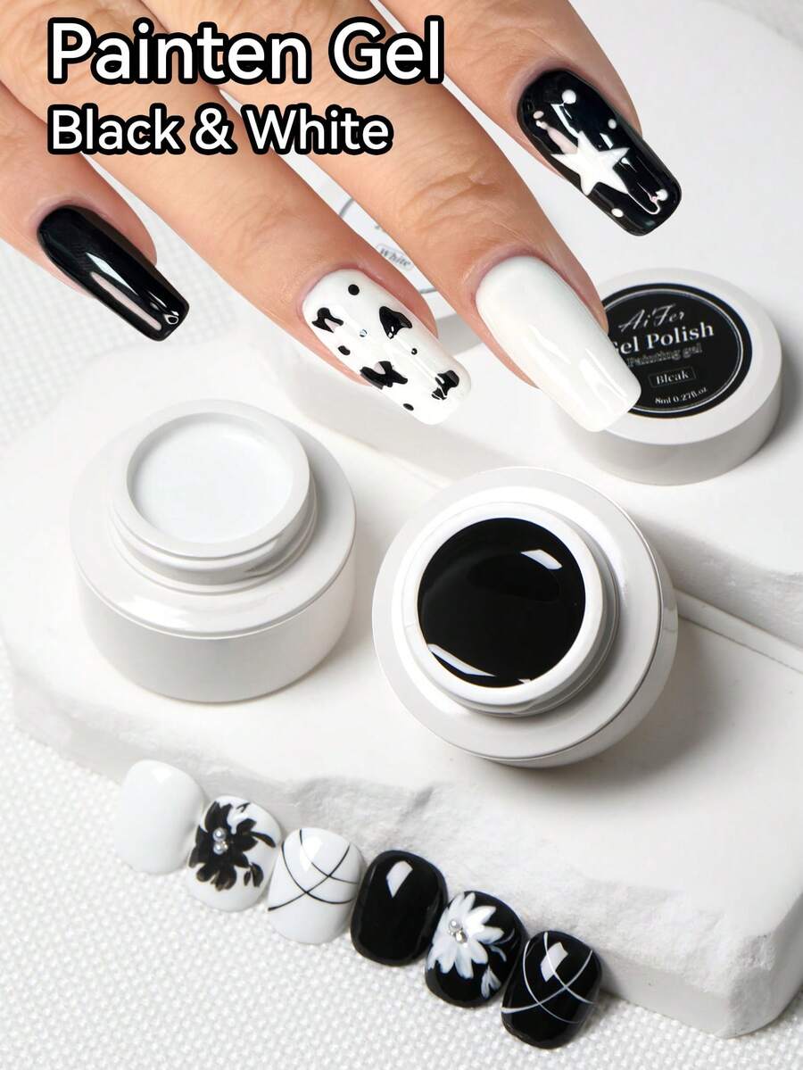 AiFer Set Starter Kutek Gel Hitam & Putih Soak-Off Tanpa Lap 8ml/Pc, Dapat Digunakan Sepanjang Musim, Tersedia 2 Warna