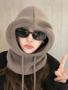 Knitted Balaclava Drawstring Face Mask Winter Warm Hood - A - View 5