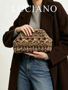 Autumn/Winter Maillard Style Mixed Color Plush Handbag, Atmospheric Contrast Color Minimalist Commuter Evening Bag, 1pc Coffee Bag - Coffee - View 2