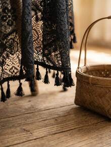 1pc Black Geometric Hollow Lace Tablecloth, French Vintage Style Lace Fabric Material, Round Tassel Edge And Exquisite Hollow Floral Pattern Detail Decoration, Beautification And Dust-Proof Function, Suitable For Daily Home And Vintage Dining Table Arrangement - Black - View 4
