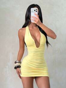 1pc Solid Color Sexy Knit Fabric Sleeveless Dress Beach Summer - Yellow - View 2