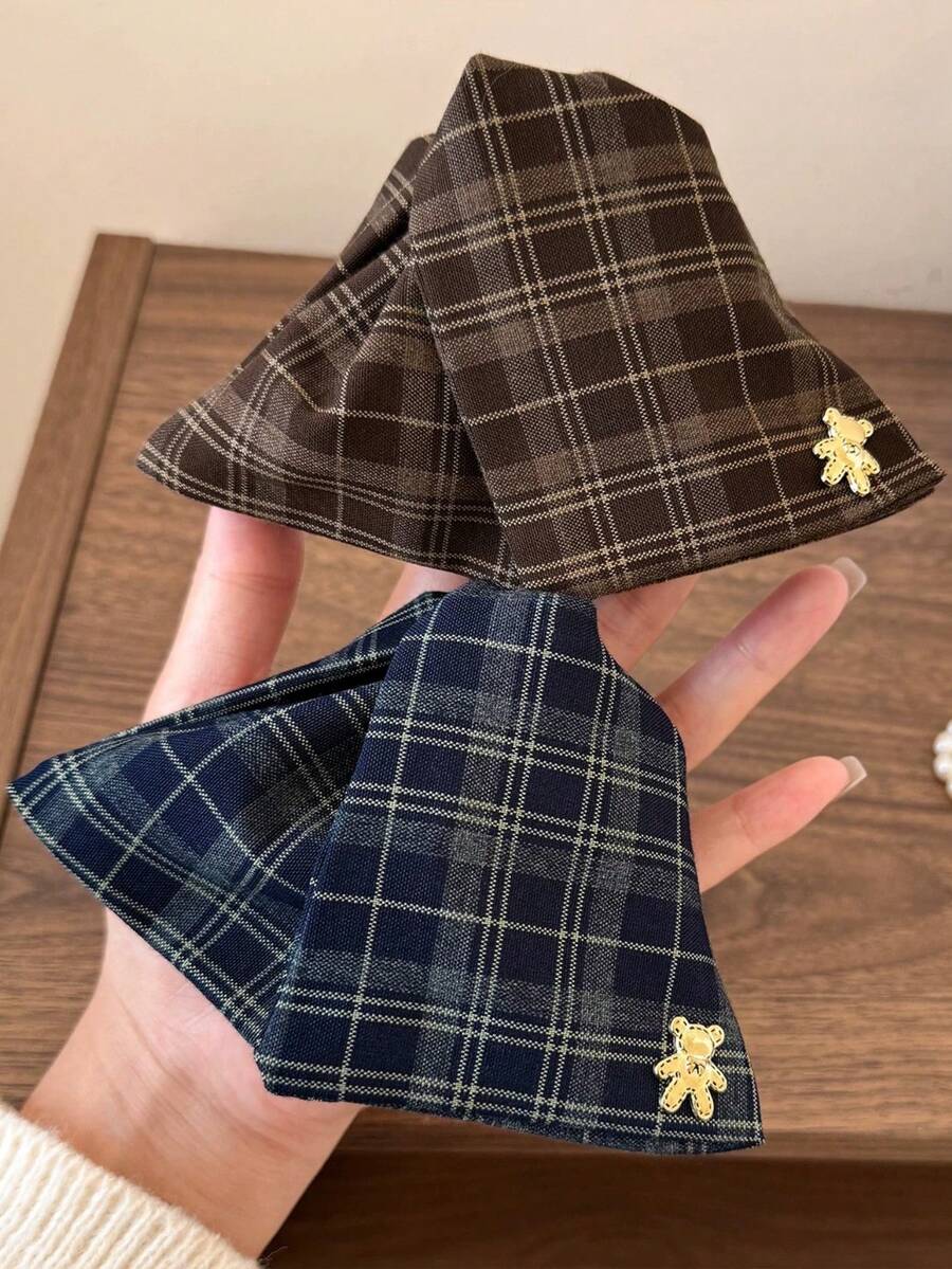 2pcs/1pc Cute Bear Plaid Hair Claw, Simple Polyester Hair Clip, Back Of Head Fashion Hair Claw Decoration, Elegant Elegant Style, Suitable For Women's Daily, Holiday Wear, Spring Summer New Arrival - Multicolor - View 1