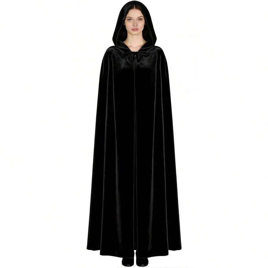 Halloween 1pc Black Witch Velvet Cloak 185CM & 90CM Halloween Hooded Cape Queen Party Performance Long Robe Shawl Costume, Suitable For Various Festivals, Witch, Devil, Vampire, Gold Velvet Long Robe Shawl Renaissance Medieval Costume Accessory Prop - Multicolor - View 1