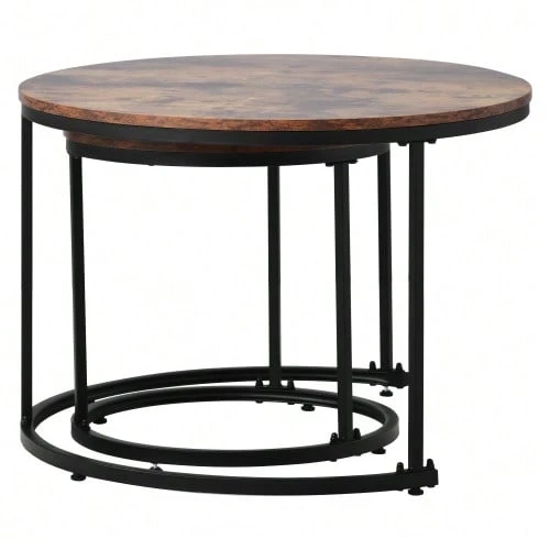 Round Coffee Table Set Of 2, Nesting Side Tables For Living Room, 2 Round Nesting Tables (Brown) - Brown + MDF - View 1