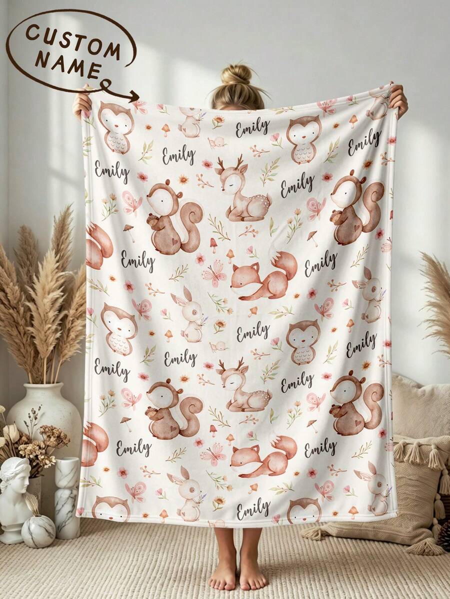 1pc Customized Name Blanket, Animal, Personalized Bed Blanket, Tropical Animal Print, Can Print Name, Personalized Blanket, Cute Blanket, Comfortable Blanket, Home Gift, Birthday Gift, Christmas Gift, Personalized Gift, Gift For Son/Daughter, Gift For Friend - Style 1 - View 1